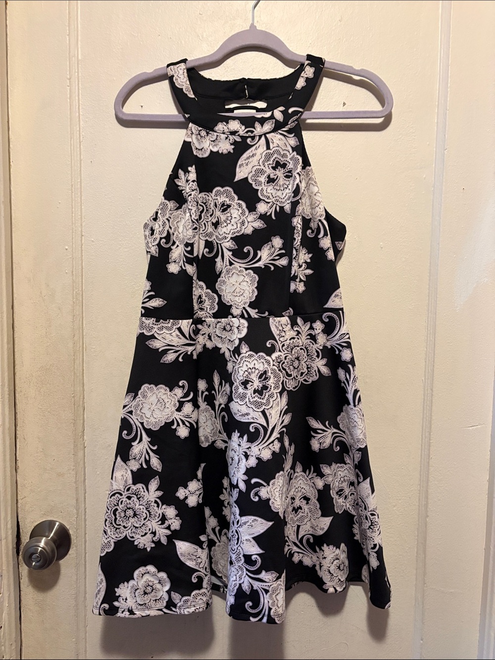 Trixxi Black and White Floral Halter Fit-and-Flare Mini Dress